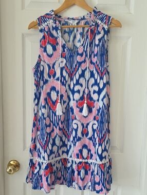 crown & ivy Blue, Pink & White Ikat-Print Sleeveless Dress Size M